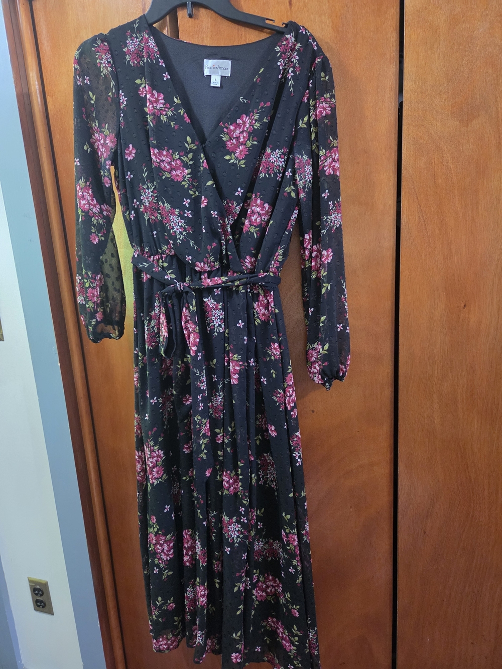 Thread & Supply Black Floral Wrap Maxi Dress with Long Sleeves